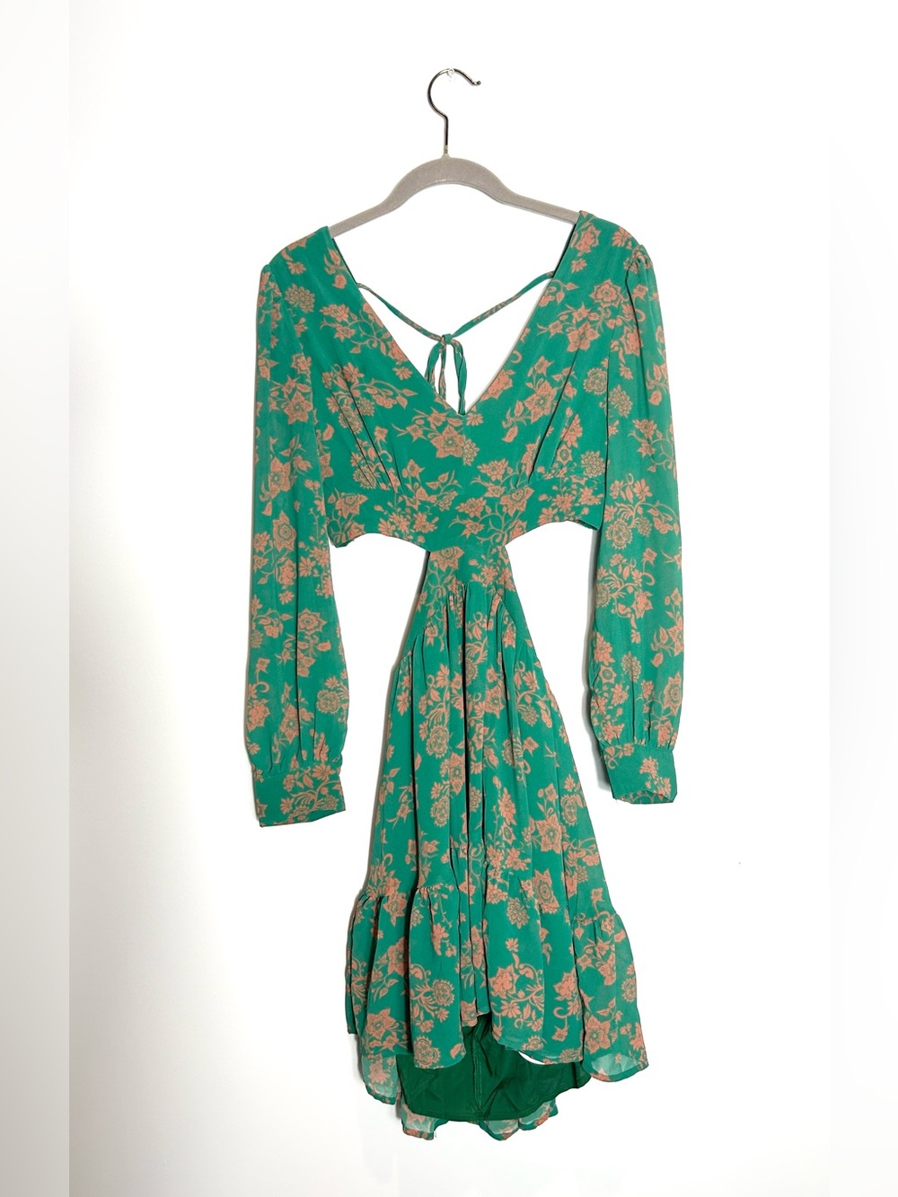 NWT SHEIN Vacay Green Floral Cutout Mini Dress Long Sleeve Size 2